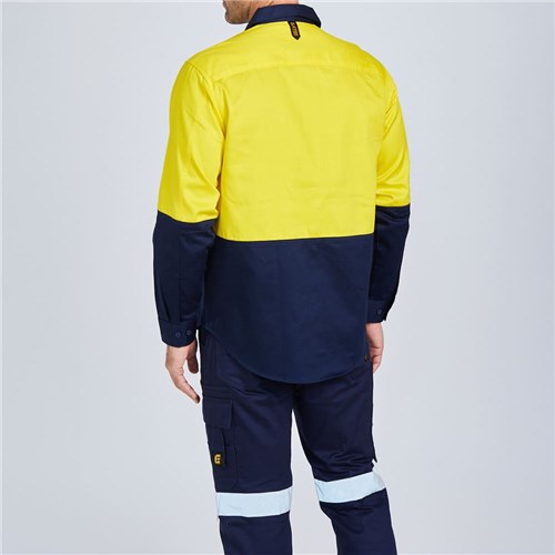 ELEVEN Workwear Evolution Hi-Vis L/S Drill Spliced Shirt Yellow Navy Rear