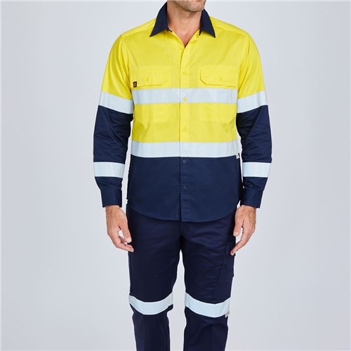 Orange Spliced Hi-Vis Cotton Drill Shirt with Reflective Tape Yellow Front