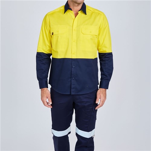 ELEVEN Workwear AEROCOOL Spliced Hi-Vis Feather Drill Shirt - Yellow Navy Lifestyle 