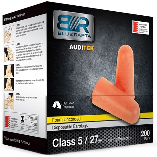 Blue Rapta Auditek 27dB CL5 Uncorded Earplugs (Bx 200pr)