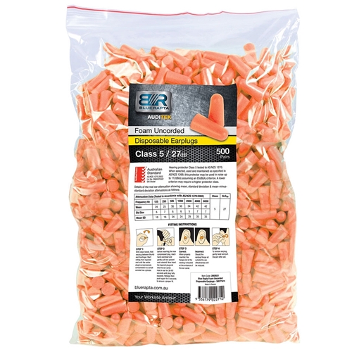 Blue Rapta Auditek 27dB CL5 UnCorded Earplugs (Bg 500 Pairs)