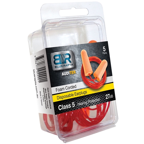 Blue Rapta Auditek 27dB CL5 Corded Earplugs (Pk 5pr)